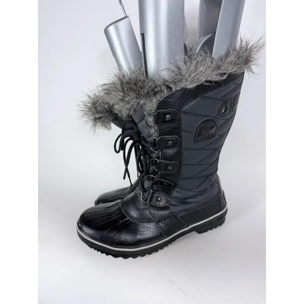 Sorel Tofino II Snow Boots Women's 9 Black Gray Faux Fur Trim Waterproof Lace-Up
